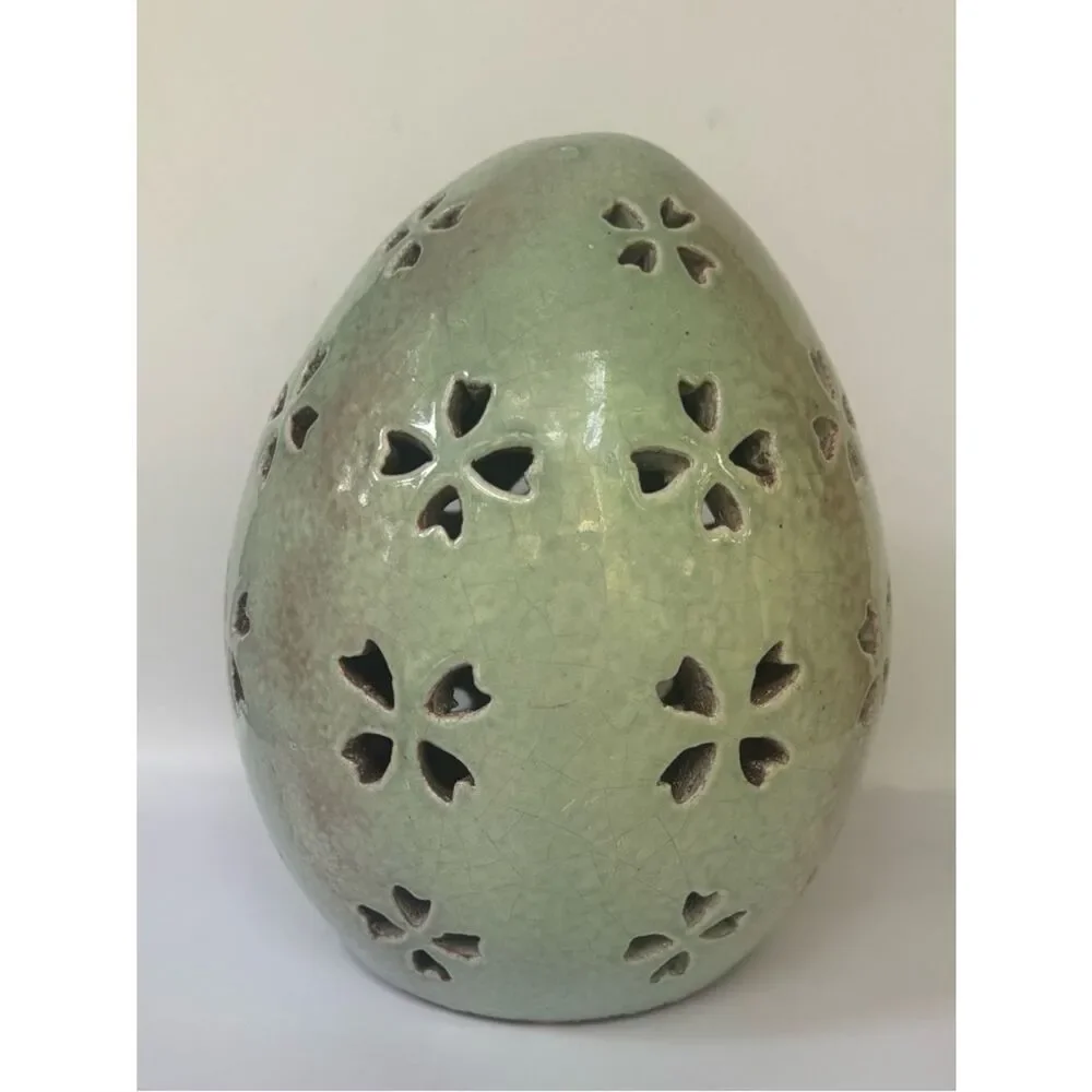 Vintage Pottery Barn Small 7.5” Tall Pale Blue Ceramic Pierced Egg
